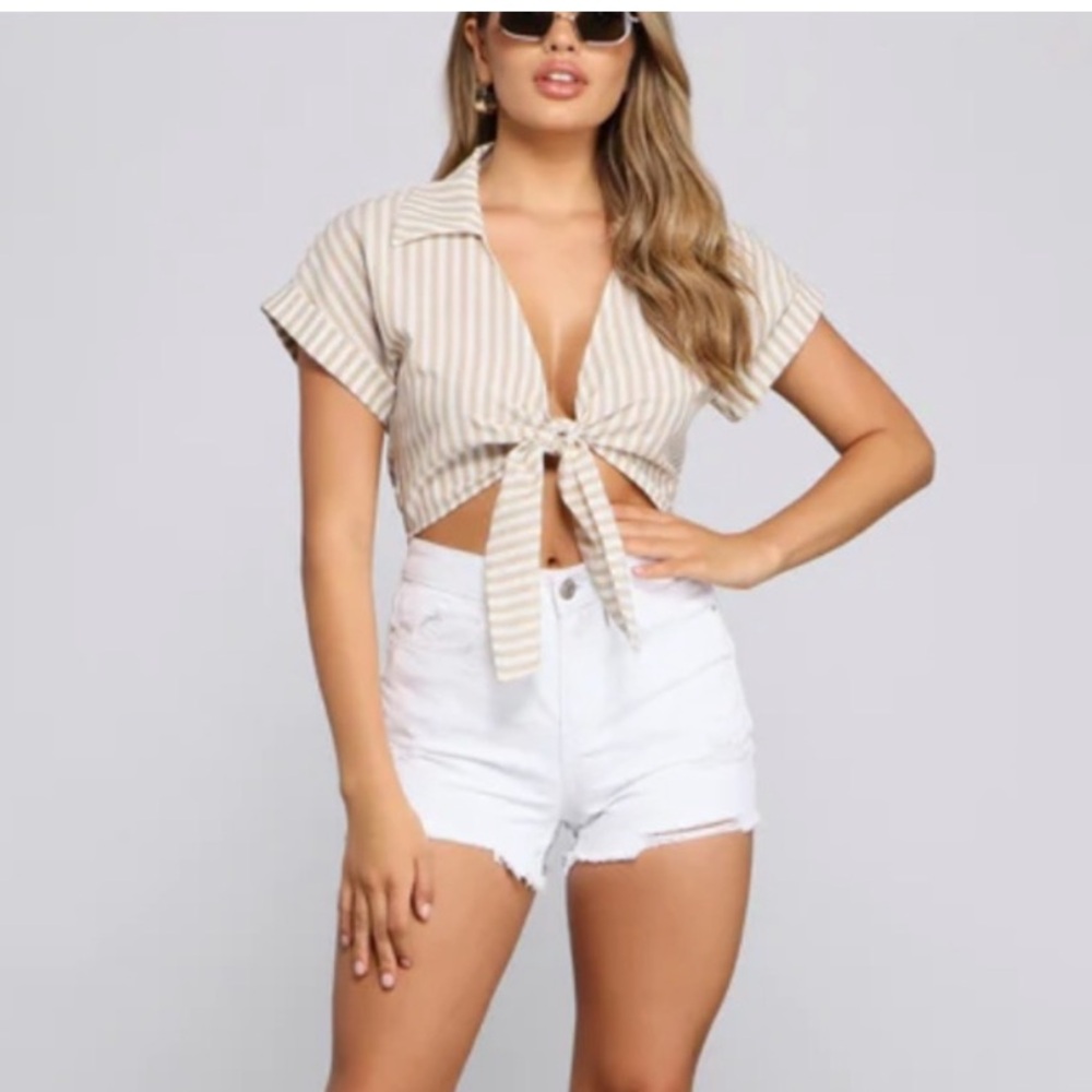 Striped Tie-Front Crop Top and White Shorts Set
